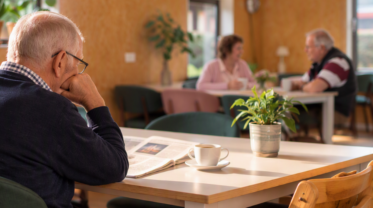 Bewoners in een comfortabele woonzorgomgeving met ontmoetingsruimte, rustige zitplekken en een huiselijke sfeer.